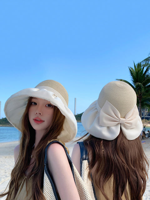 Kvinder Summer Colorblock Straw Bowknot Sunproof Hat