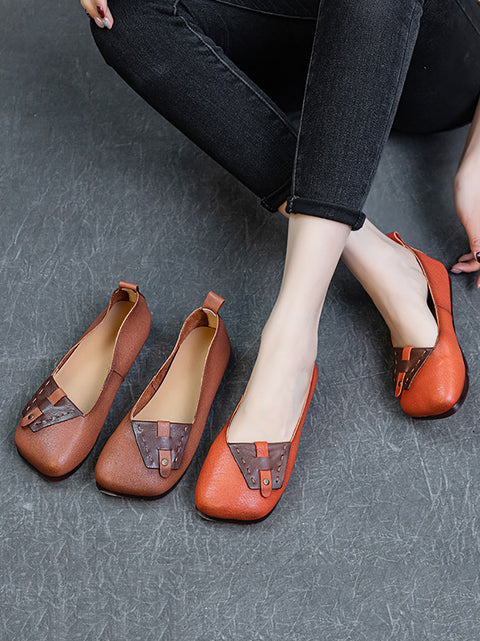 Women Summer Ethnic Colorblock Leahter Soft Flat Shoes