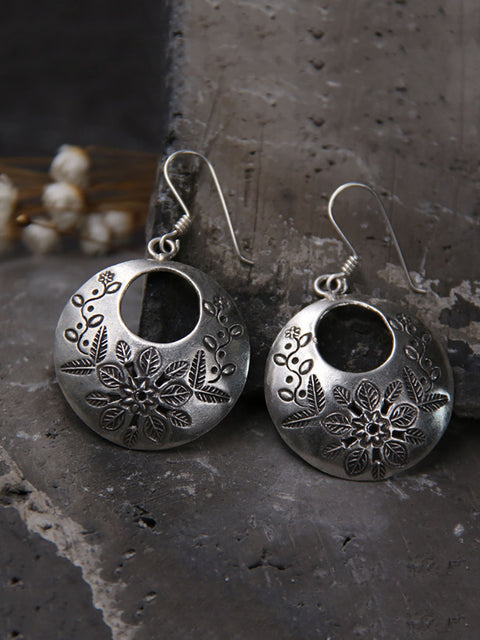 Women Ethnic S925Sliver Carve Flower Round Earrings