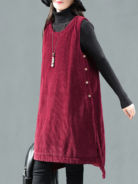 Plus Size Kvinder Casual Solid Corduroy Lang Vest Frakke