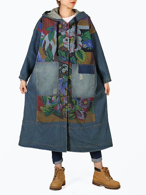 Kvinder Vintage Flower Patch Splejset Deim Hooded Coat