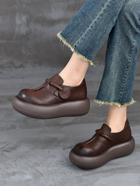 Women Genuine Leather Pure Color Platform Shoes