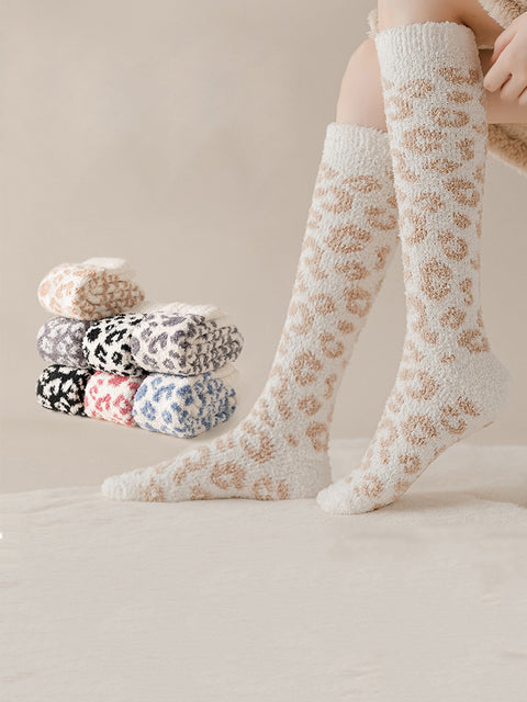 5 Pairs Women Winter Leopard Print Fleece Socks