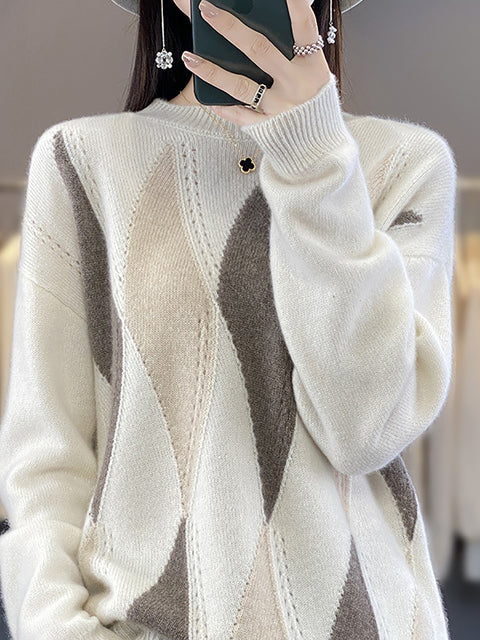 Women Autumn Warm Rhomboids Knit 100%Wool O-Neck Sweater