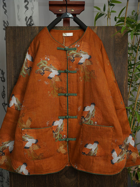 Kvinder Vintage Crane Print Linen Polstret frakke