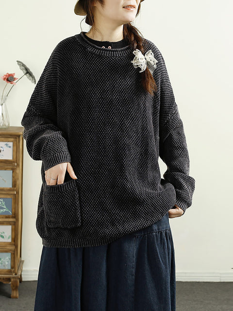 Women Casual Autumn O-Neck Solid Knit Sweater