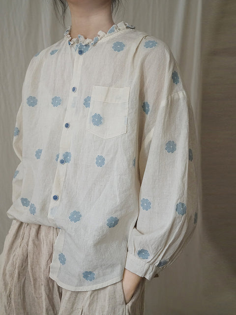 Kvinder Artsy Spring Flower Bomuld Lacework Neck Shirt