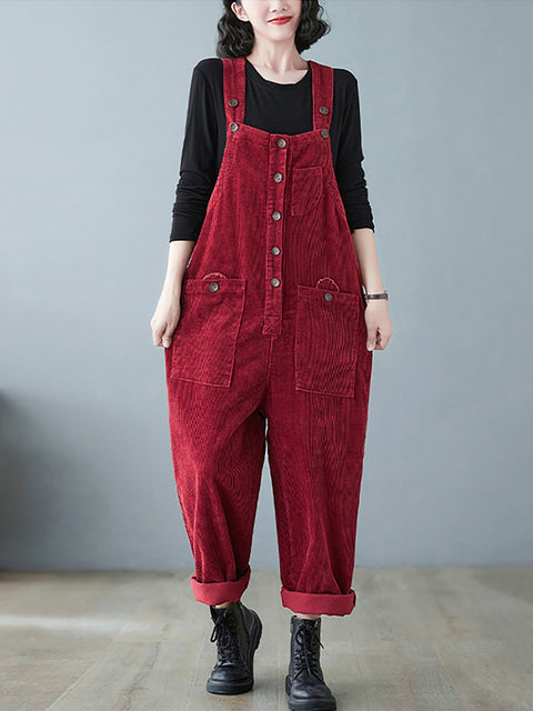 Plus Size Kvinder Vintage Solid Corduroy Jumpsuits