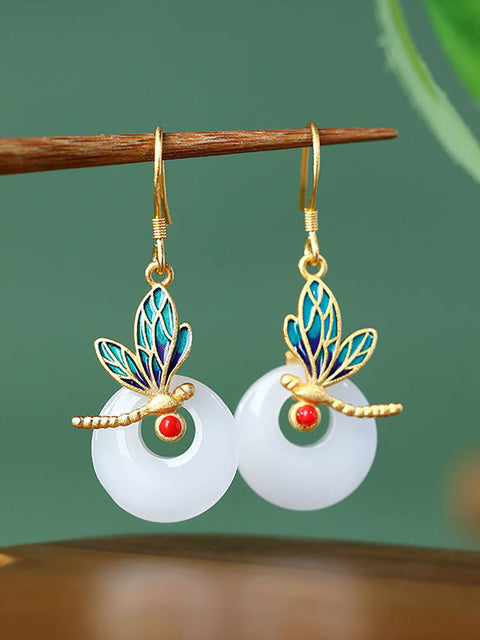 Women Vintage Dragonfly Enamel Round Jade Earrings