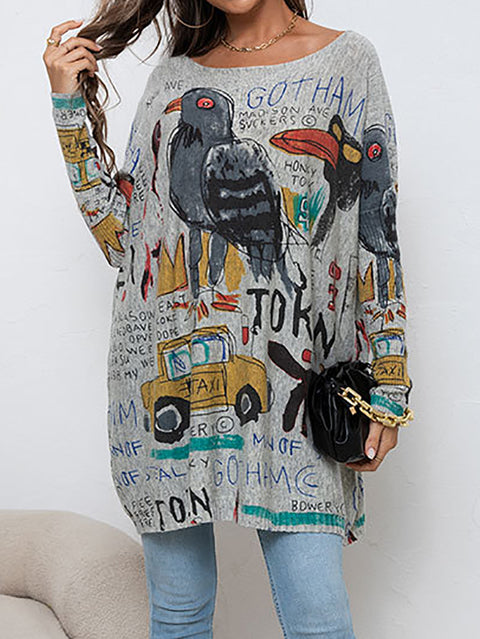 Kvinder Casual Cartoon Bird Print strikket skjorte