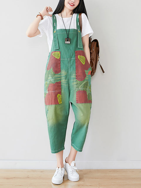 Kvinder Sommer Artsy Flower Patch Splejset Pocket Denim Jumpsuits