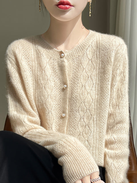 Women Autumn Wool O-Neck Cardigan Knit Sweater