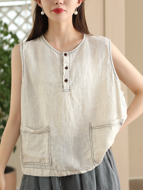 Women Summer Vintage Solid Pocket O-Neck Linen Vest