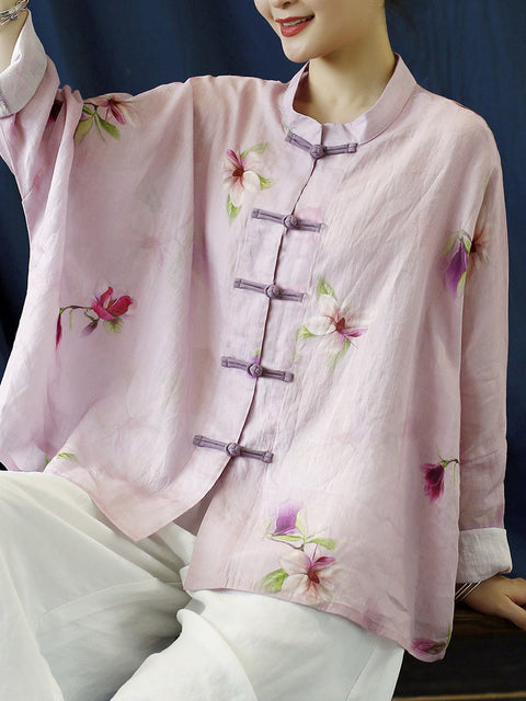 Plus Size Kvinder Vintage Flower Pink Spring Ramie Shirt Coat