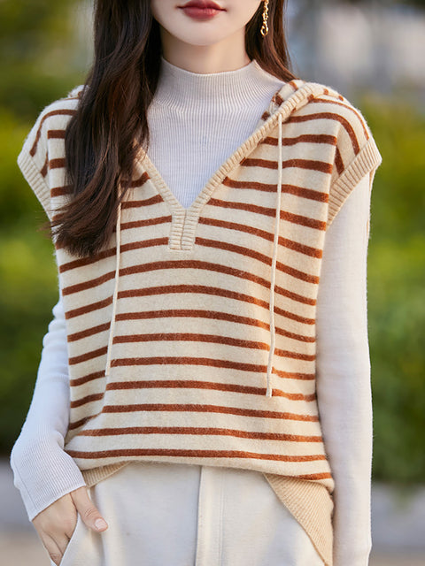 Women Autumn Stripe 100%Wool Knit Hooded Vest