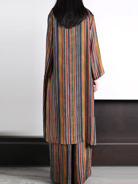 Plus Size Kvinder Vintage Stripe Løs Lang skjorte+bukser