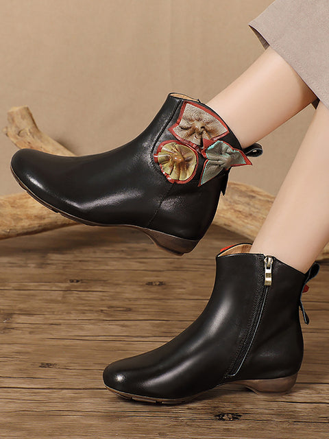 Women Vintage Leather Patch Spliced Low Heel Boots