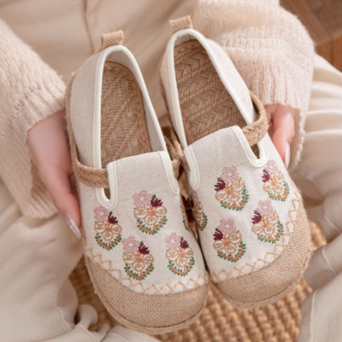 Women Ethnic Flower Embroidery Linen Flat Shoes