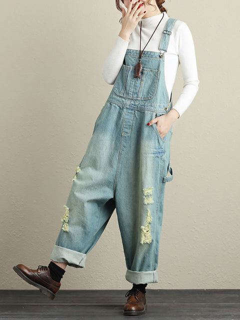 Kvinder Sommer Retro Flossede Pocket High-Wist denim Jumpsuits