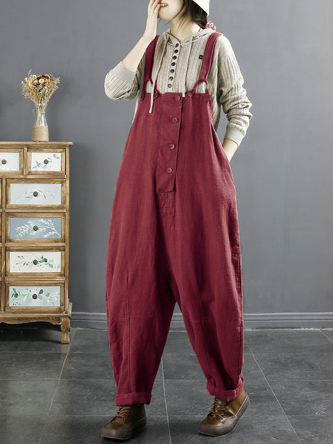 Plus Size Kvinder Vintage Solid Linen Løse Jumpsuits