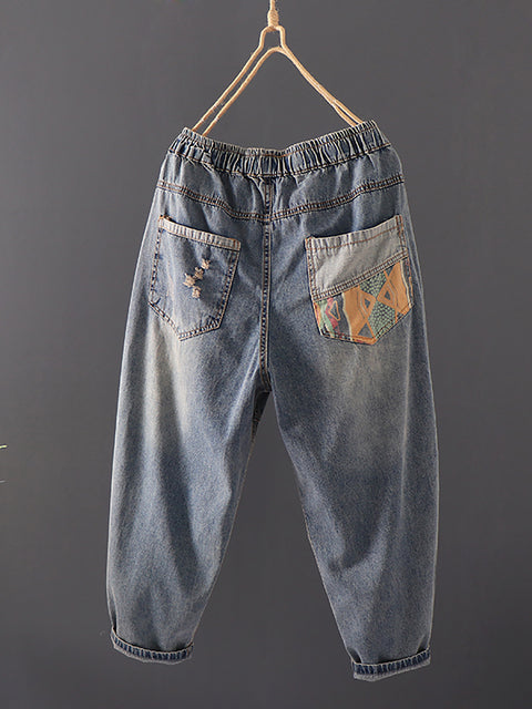 Kvinder Sommer Retro Broderi Splejsede Burrs Denimbukser