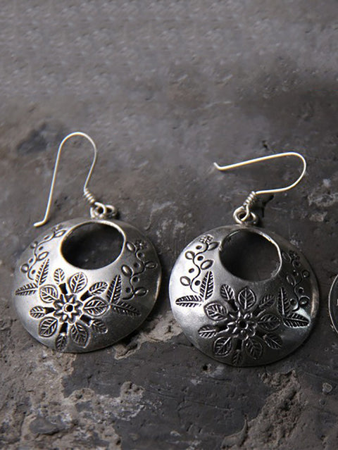 Women Ethnic S925Sliver Carve Flower Round Earrings