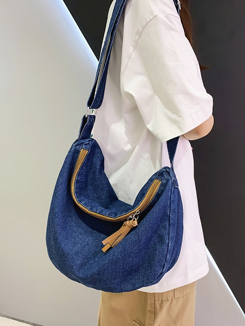 Casual Solid Denim Crossbody-taske med stor kapacitet