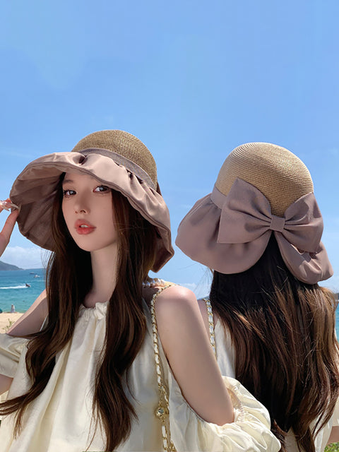 Kvinder Summer Colorblock Straw Bowknot Sunproof Hat