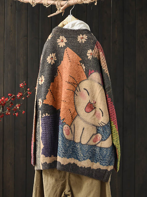 Kvinder efterårsblomster kat strikket varm sweater