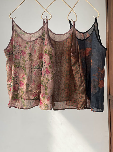 Plus Size Kvinder Sommer Vintage Flower Ramie Tynd Vest