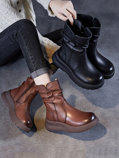 Women Winter Genuine Leather Spliced Low Heel Boots