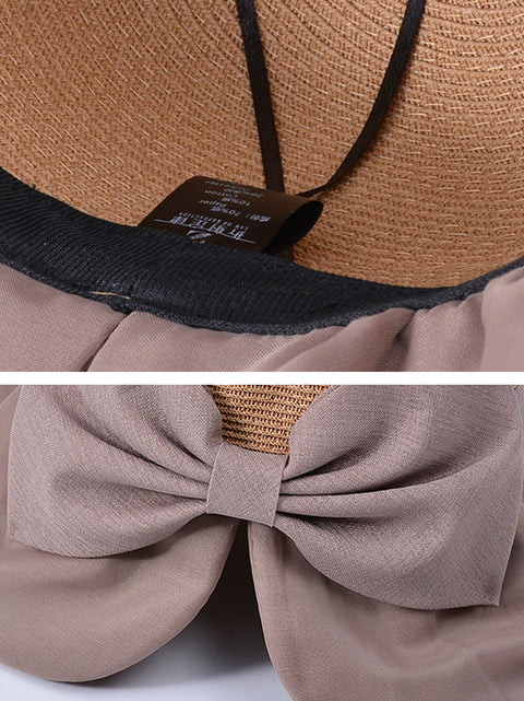 Kvinder Summer Colorblock Straw Bowknot Sunproof Hat