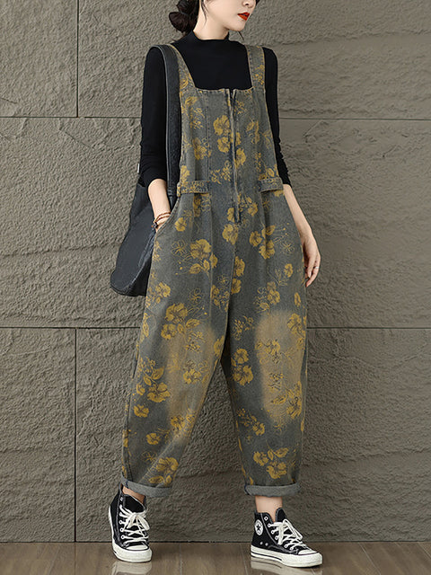 Kvinder Sommer Artsy Flower Print Pocket Loose Denim Jumpsuits