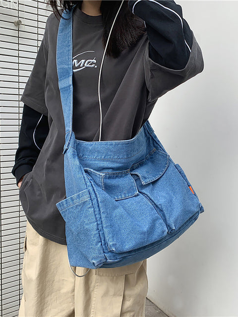 Kvinder vintage massiv denim taske med stor kapacitet