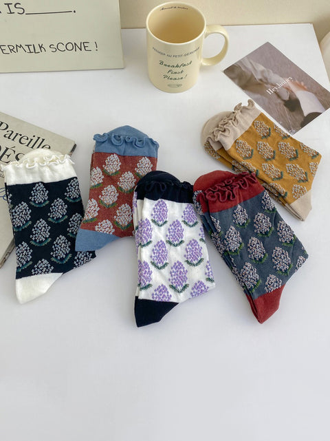 5 Pairs Women Artsy Flower Mid-Heel Cotton Socks