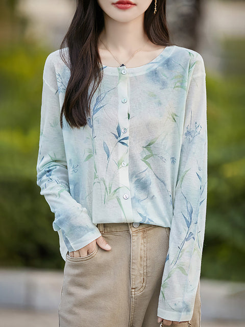 Women Spring Casual Flower O-Neck Thin Shirt