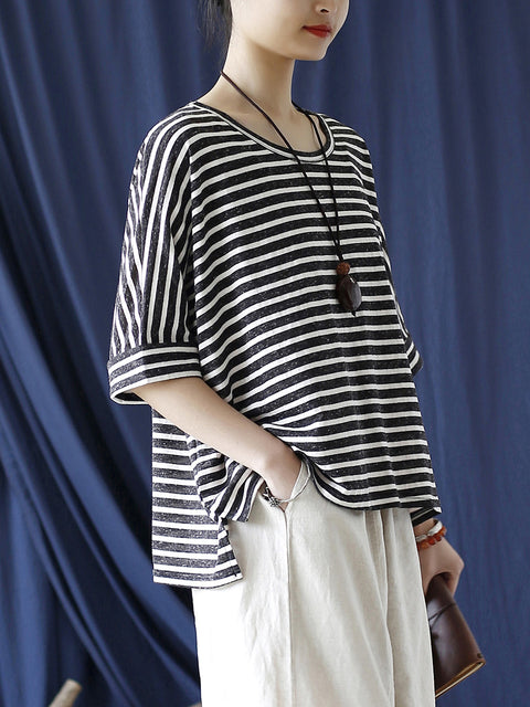 Kvinder Sommer Casual Stripe Løs O-hals skjorte