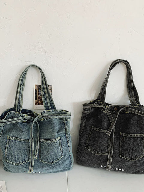 Kvinder Vintage Solid Pocket Denim Håndtaske Skuldertaske