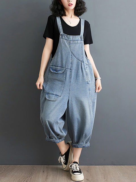 Kvinder Sommer Solid Casual Løse Denim Jumpsuits