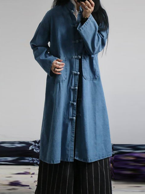 Kvinder Efterår Casual Solid Pocket Denim Shirt Coat