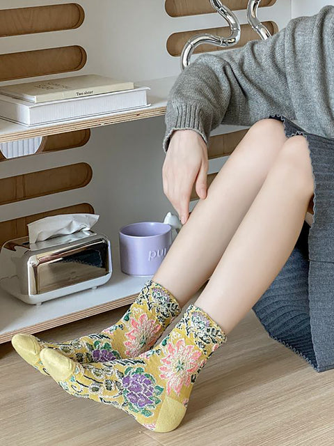 5 par Kvinder Vintage Flower Jacquard Mid-calf Sokker