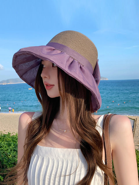 Kvinder Summer Colorblock Straw Bowknot Sunproof Hat