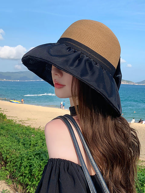 Kvinder Summer Colorblock Straw Bowknot Sunproof Hat