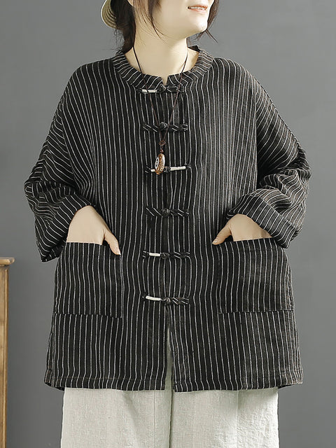 Women Spring Ethnic Stripe Loose Linen Cotton Shirt