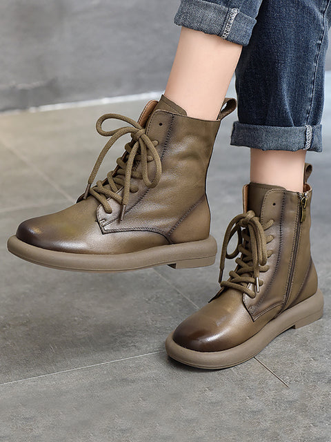 Women Genuine Leather Soft Zipper Mid Heel Martin Boots