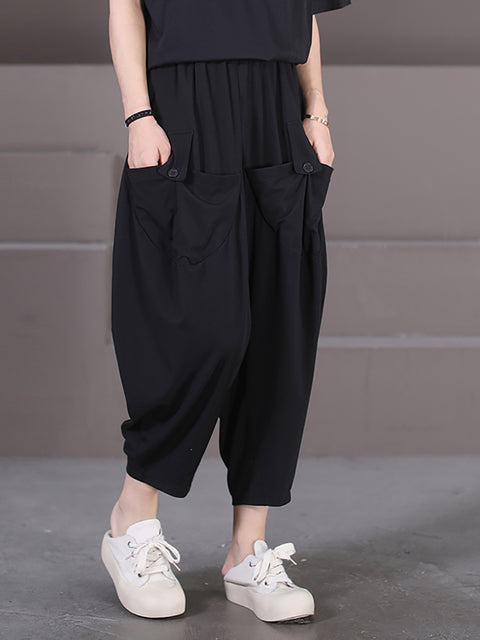 Plus Size Kvinder Sommer Casual Solid Loose Pocket Harem Pants