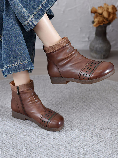 Women Vintage Leather Spliced Low Heel Ankle Boots