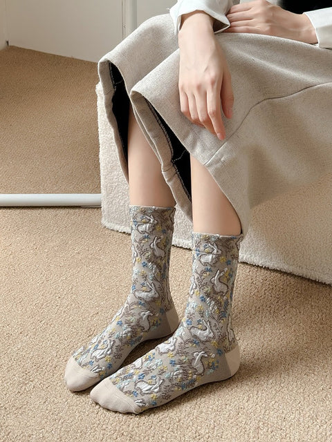 5 Pairs Women Artsy Floral Jacquard Cotton Socks