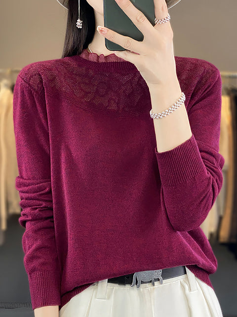 Women Autumn Lacework Neck 100%Wool Loose Sweater