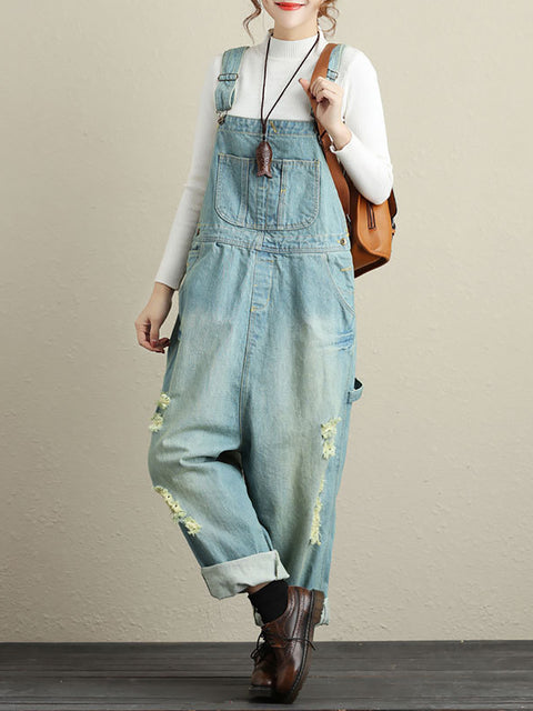 Kvinder Sommer Retro Flossede Pocket High-Wist denim Jumpsuits